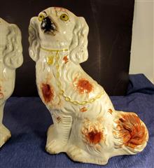 ANTIQUE PAIR OF 19TH CENTURY STAFFORDSHIRE WHITE & RED SPANIELS 13